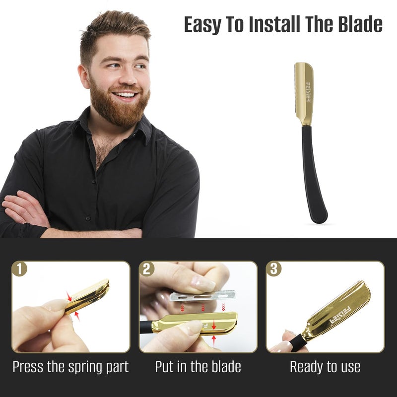 FEISIER Straight Razors for Men, Professional Straight Single Edge Razor Kit, Silicone Handle Straight Razor with Guard,Stainless Steel Barber Razor for Shaving,Salon Shavette,10 Blades Included - Image 4
